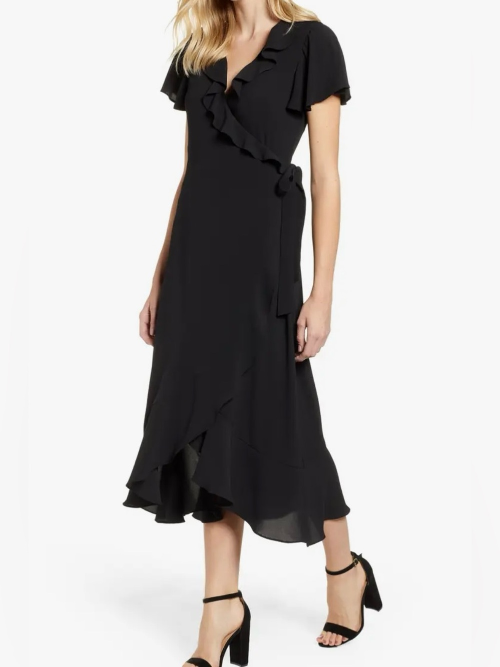 Chelsea28 • S • Black Wrap Midi Dress Ruffle Hem